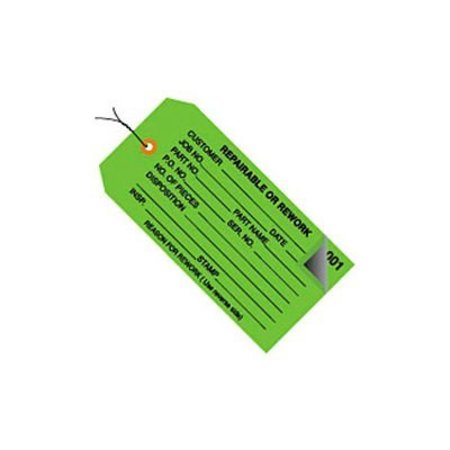 BOX PACKAGING 2 Part Inspection Tag "Repairable Or Rework", Pre Wired#5, 4-3/4"L x 2-3/8"W, Green, 500/Pack G21033